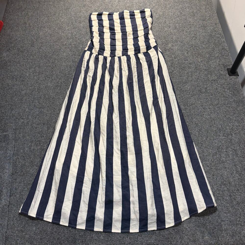 By The River Blue White Striped Strapless Smocked Maxi Dress Womens Size Medium